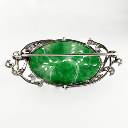 Vintage Floral Carved Jade and Diamond Brooch