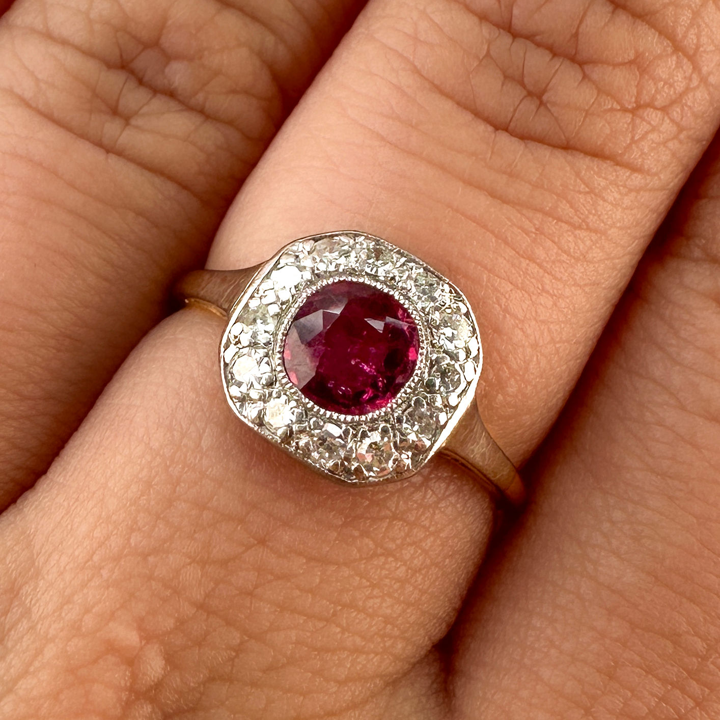 Edwardian 18 Carat Gold, Platinum, Burma Ruby and Diamond Cluster Ring, 0.80 Carat