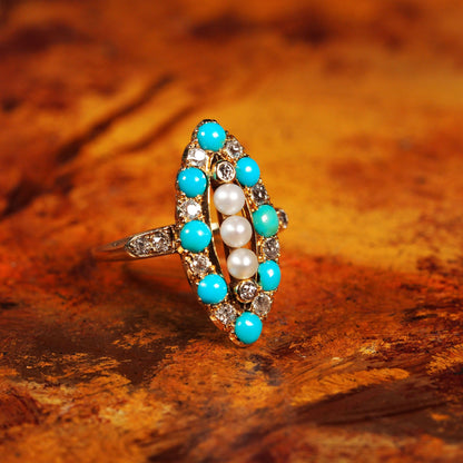 Victorian Antique Victorian Turquoise Pearl Diamond Navette Marquise Cluster Ring Circa 1880