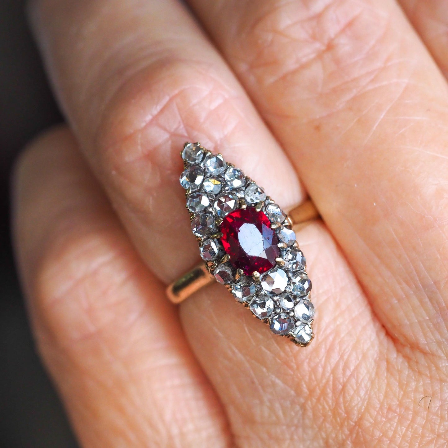 Antique French Natural No Heat Ruby and Old Cut Diamond Navette Cluster Ring, Circa 1890
