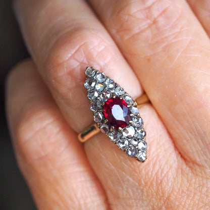 Antique French Natural No Heat Ruby and Old Cut Diamond Navette Cluster Ring, Circa 1890