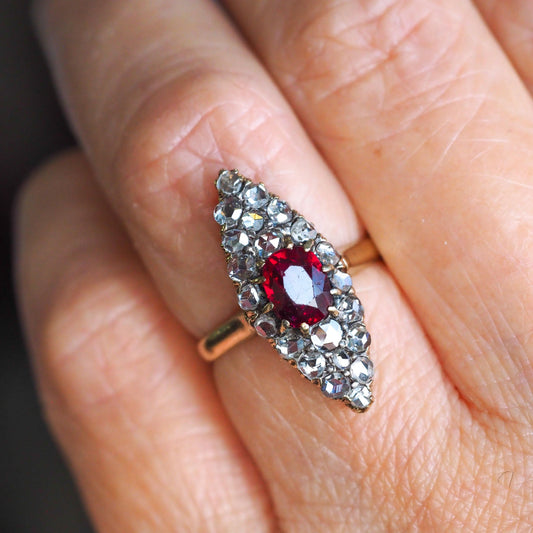 Antique French Natural No Heat Ruby and Old Cut Diamond Navette Cluster Ring, Circa 1890