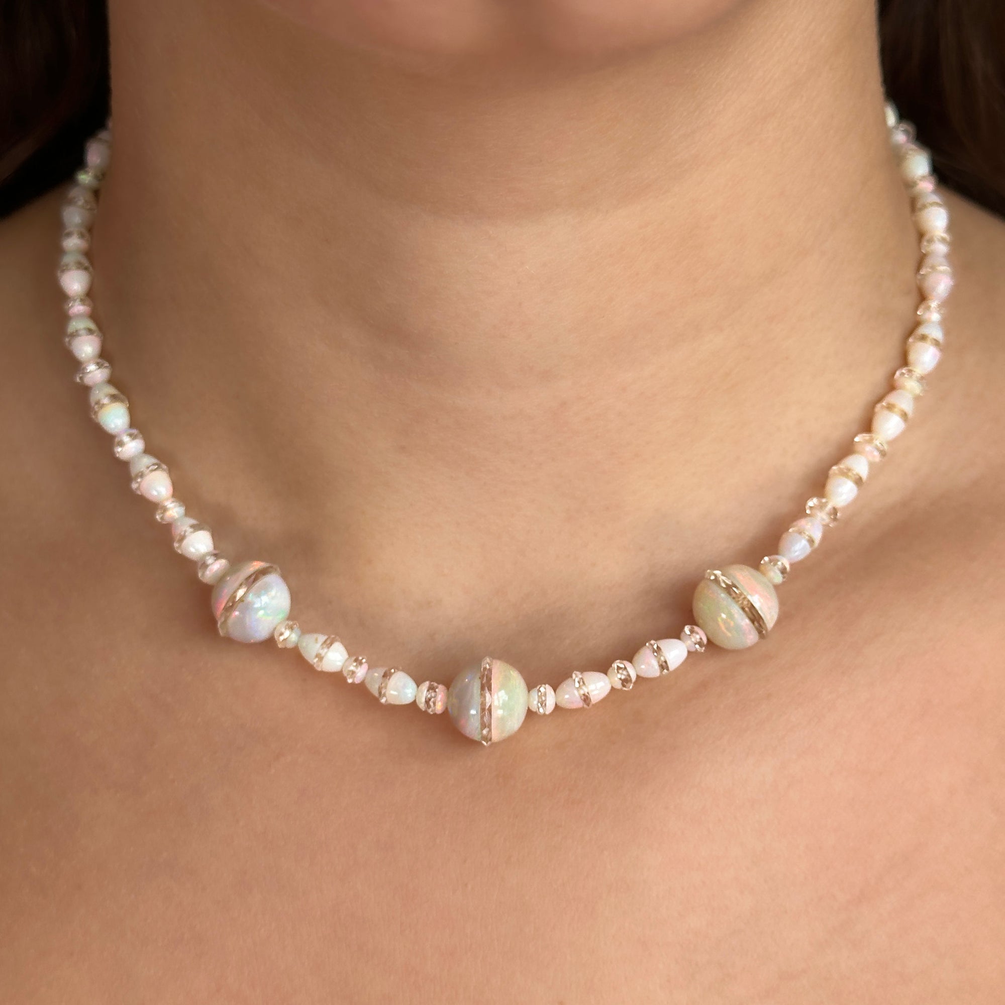 Antique Art Deco Opal Bead Necklace With Opal and Diamond Cluster Clasp