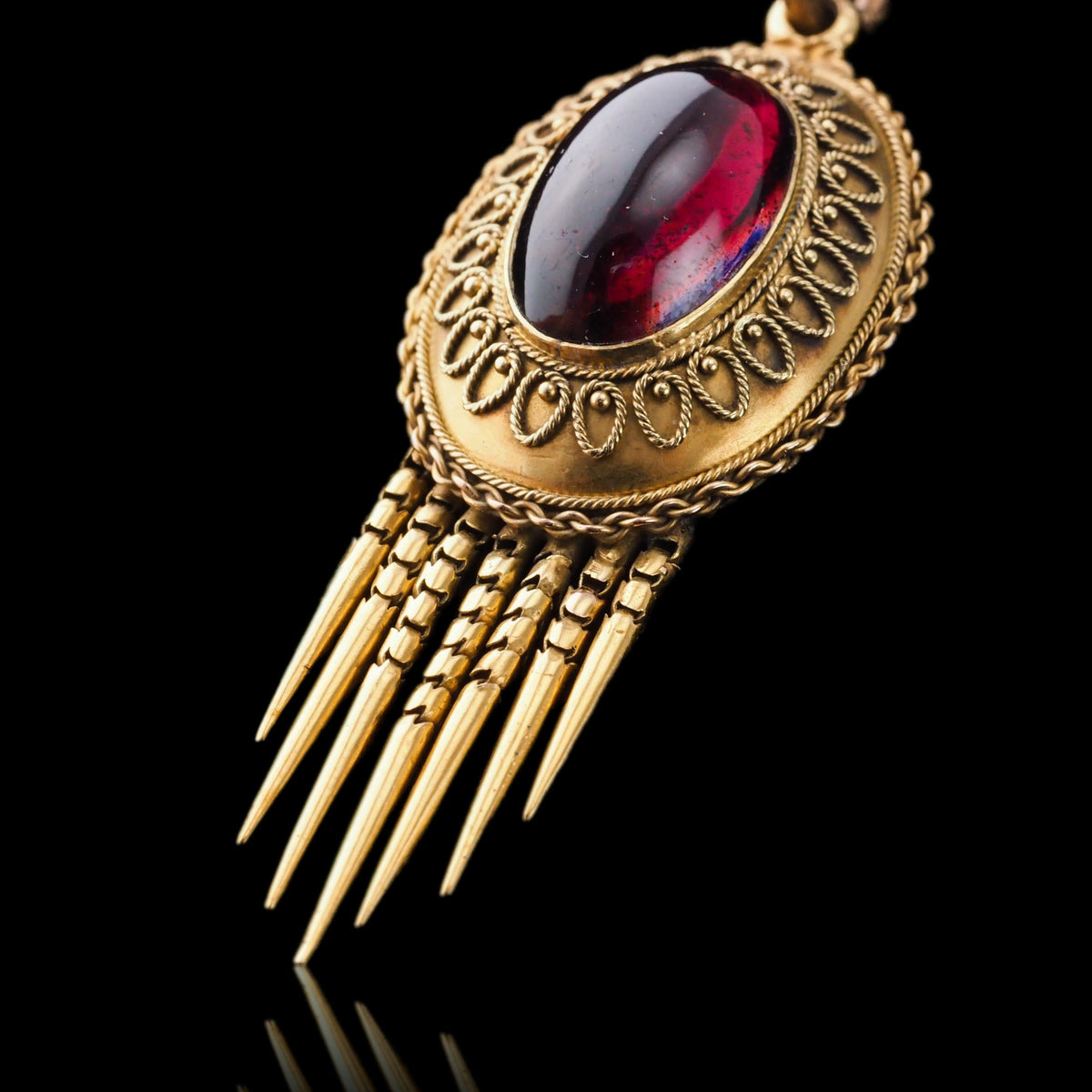 Antique Victorian Garnet Etruscan Revival Pendant Necklace 15K Gold - c.1880