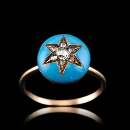 Antique Victorian Diamond Star Ring 9ct Gold Blue Enamel Cabochon - c.1890