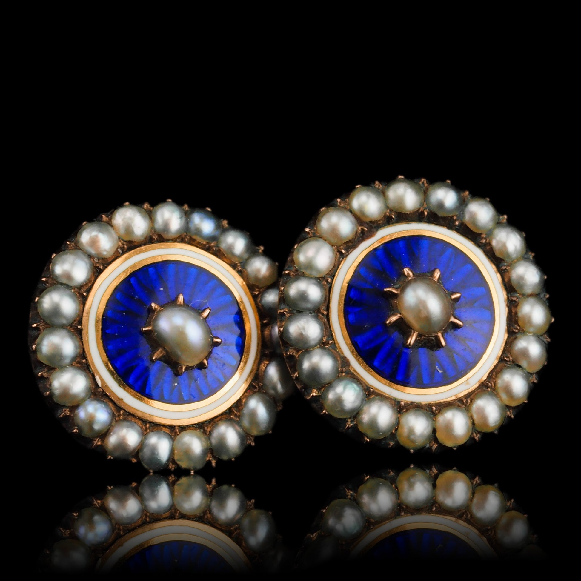 Antique Georgian Gold Earrings with Blue Enamel Guilloche and Seed Pearl Cluster 'Target' Design - c.1800