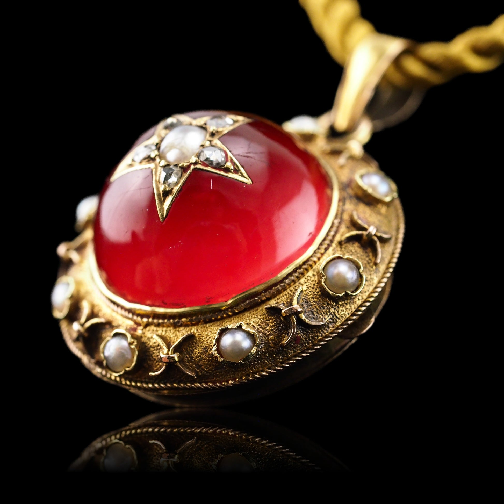 Antique Victorian Diamond & Pearl Star Necklace with Red Rock Crystal Cabochon 15ct Gold - c.1880
