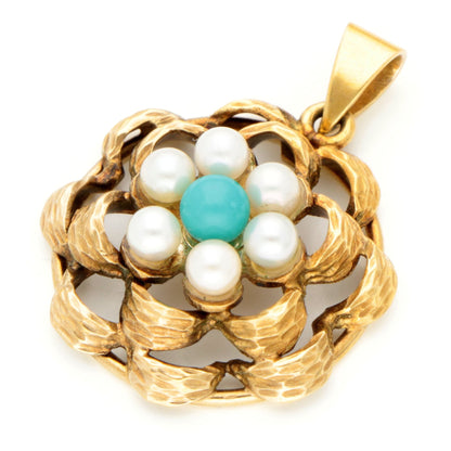 Vintage 14 Carat Yellow Gold, Turquoise and Pearl Cluster Pendant