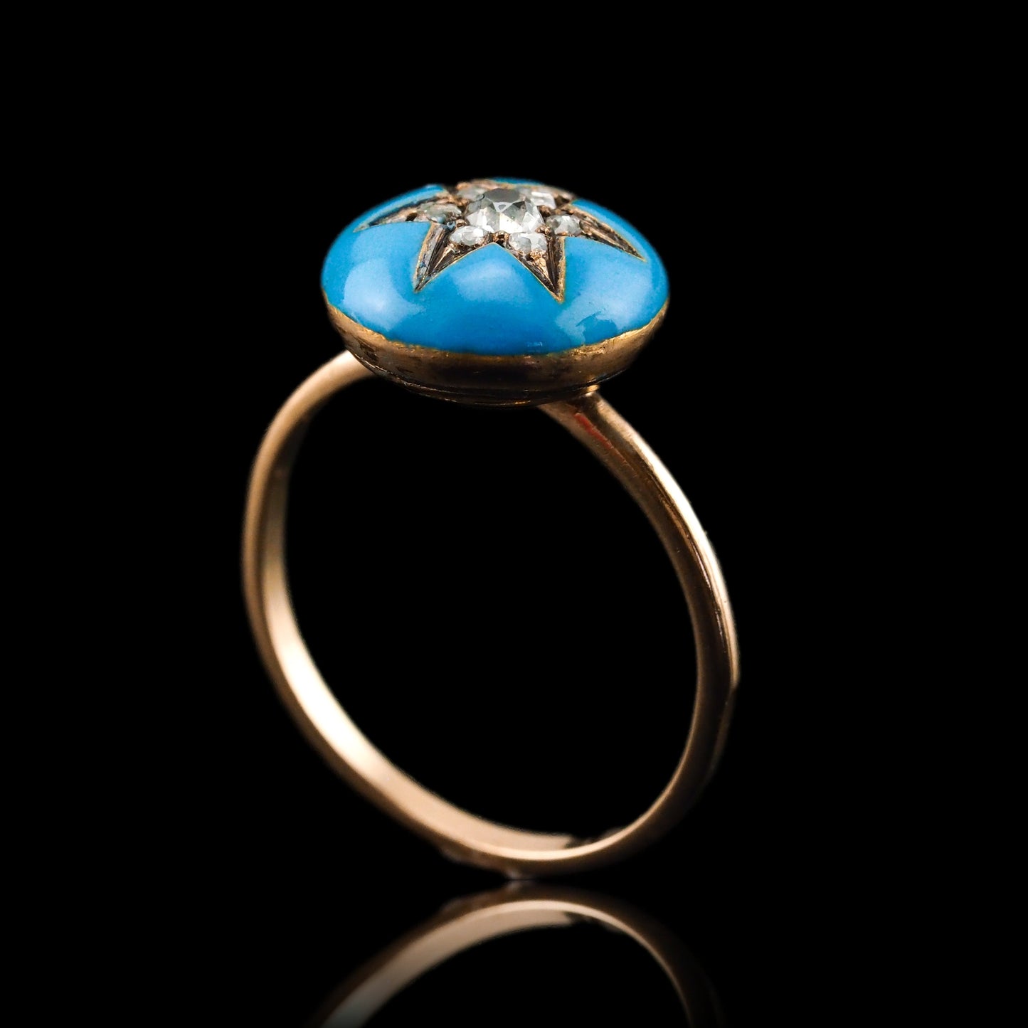 Antique Victorian Diamond Star Ring 9ct Gold Blue Enamel Cabochon - c.1890