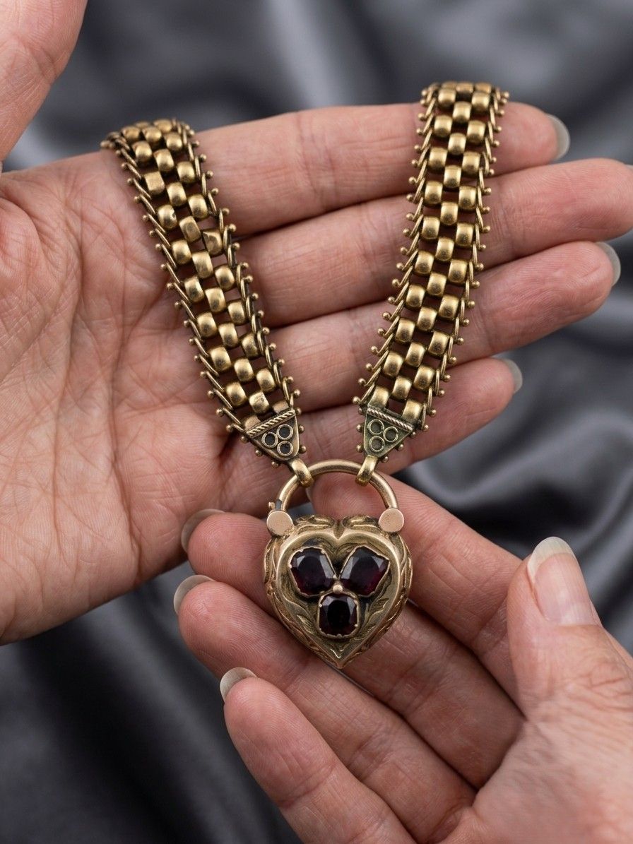 Victorian 18K Yellow Gold Garnet Heart Locket Necklace, Circa 1870/80