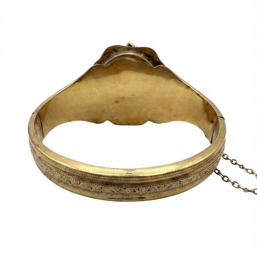 Victorian Antique Pearl Coral Diamond Gold Locket Bangle Bracelet, Circa 1856