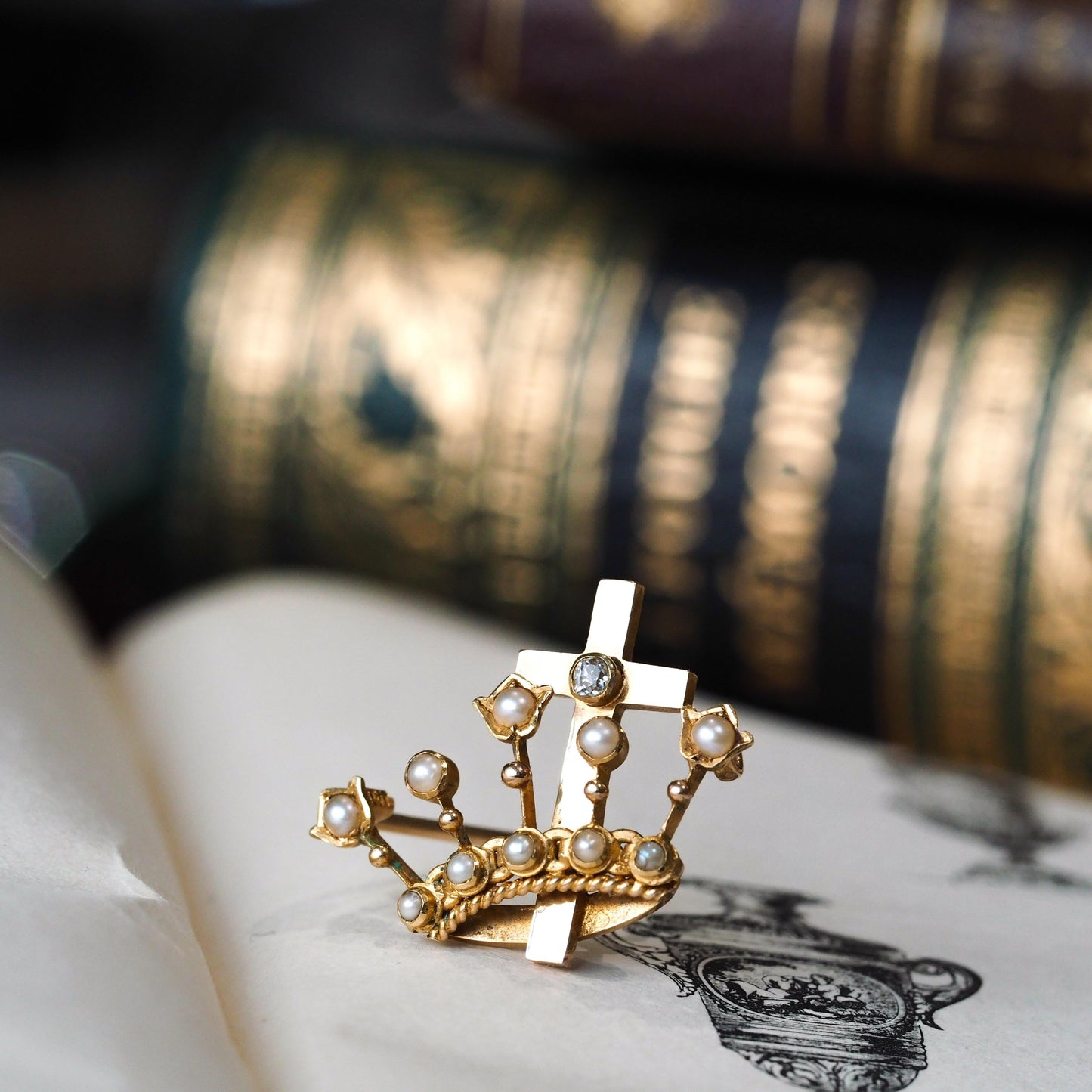 Antique Crown/Coronet Brooch Diamond & Pearls with Cross 15K Gold - c.1890