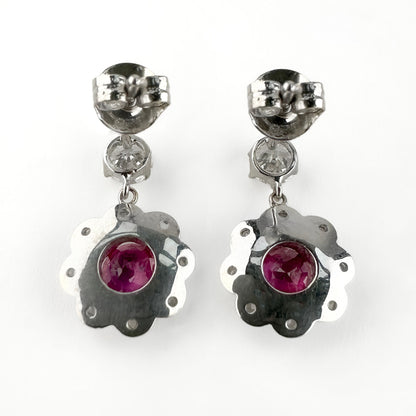 Vintage Ruby and Diamond Flower Cluster Drop Earrings