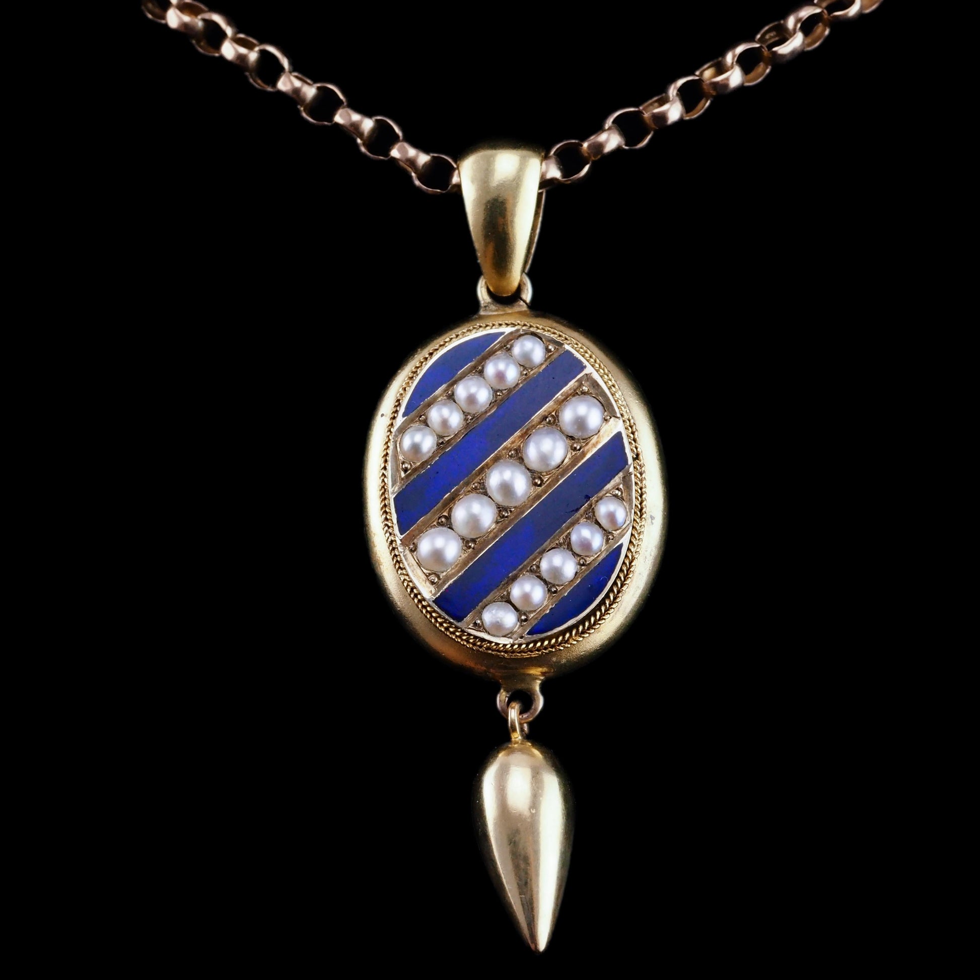 Antique Victorian 15ct Gold Blue Enamel and Pearl Pendant Locket Necklace - c.1880