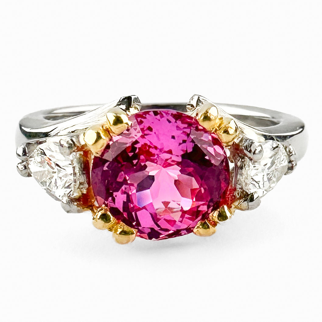 Vintage 2.5ct Pink Sapphire and Diamond Three Stone Engagement Ring