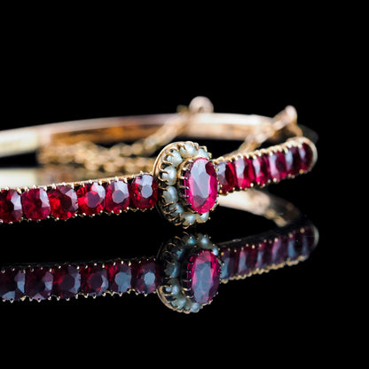 Antique Pink Garnet and Seed Pearl Bangle Bracelet