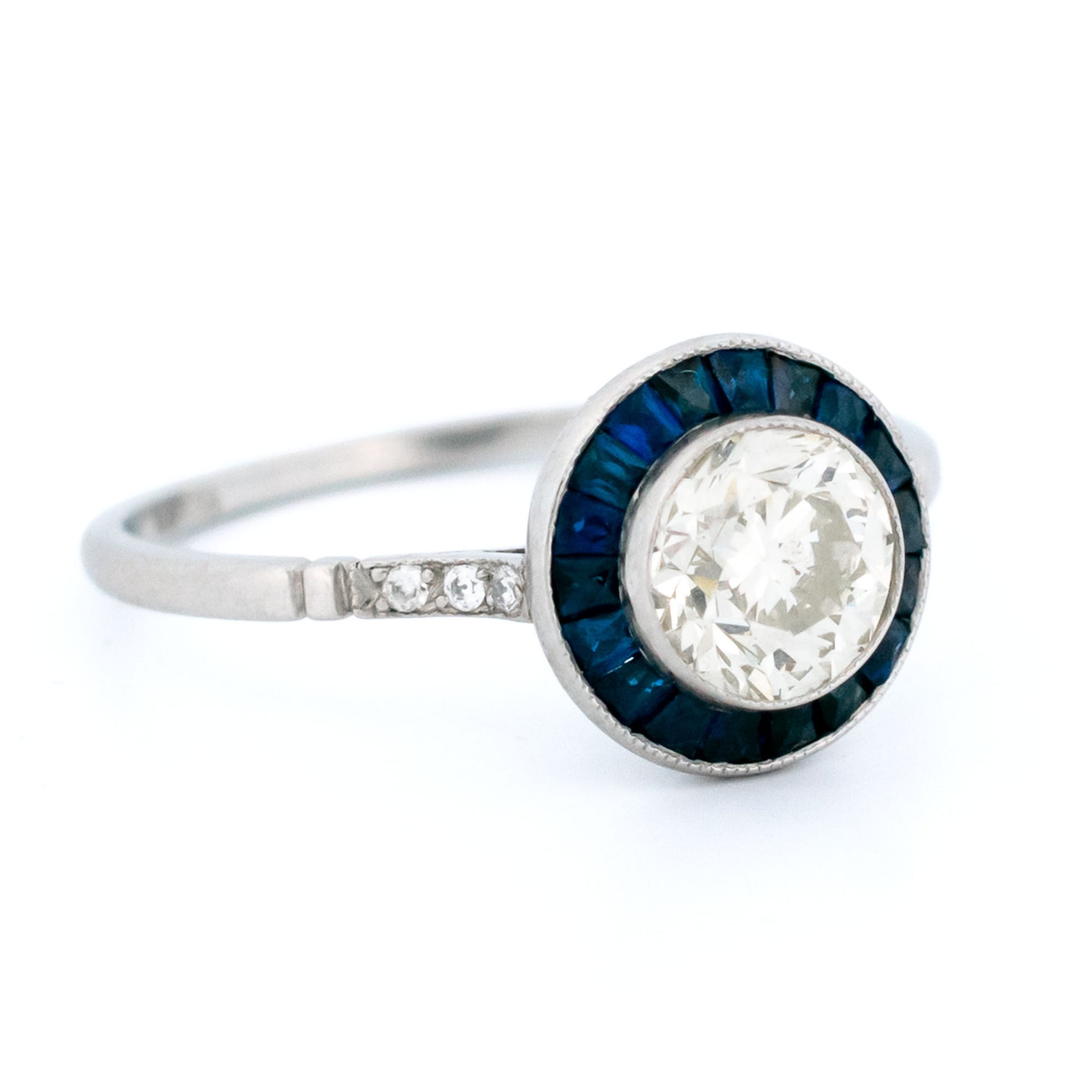 1ct Old European Cut Diamond and Sapphire Halo Target Cluster Ring in Platinum