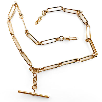 Antique Art Deco Yellow Gold Trombone Link Albert Chain Necklace