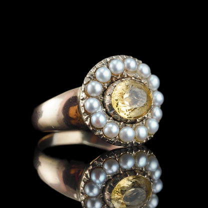 Georgian Antique Citrine and Pearl Cluster Ring