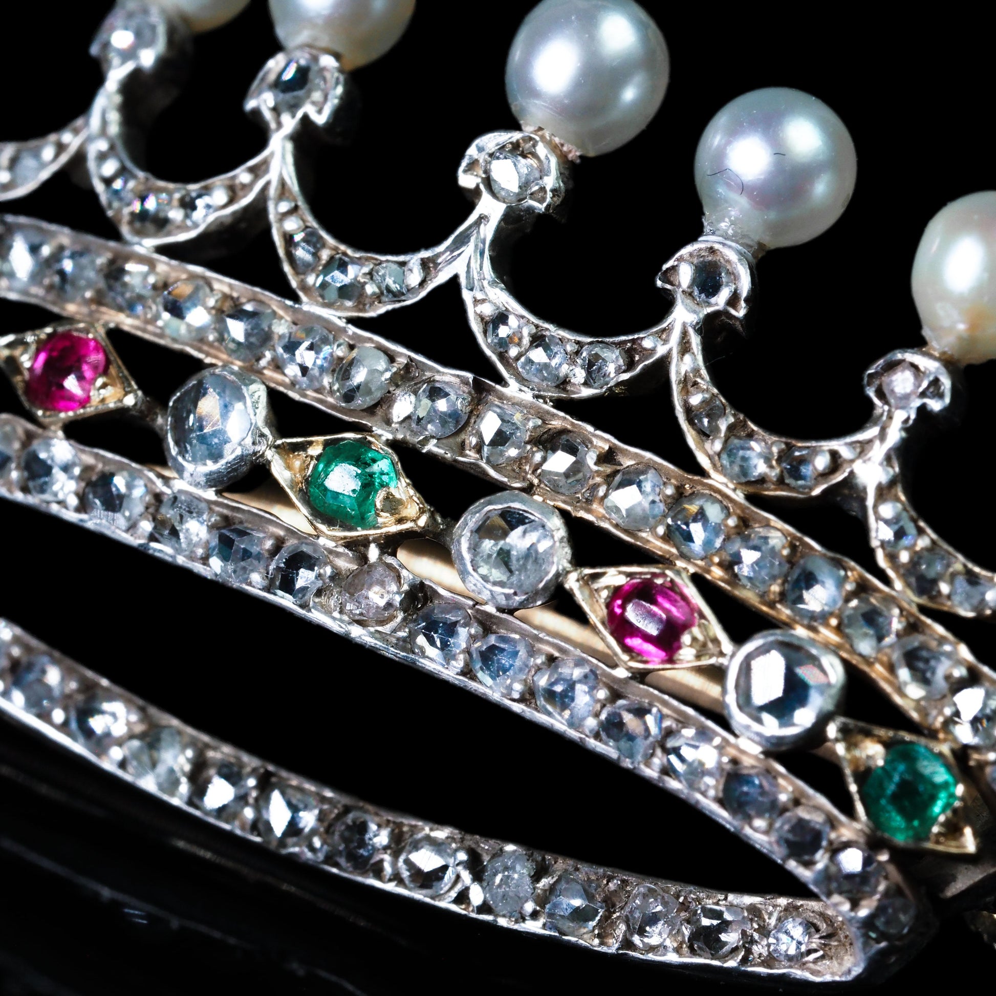 Antique French Ruby, Emerald, Diamond Pearl Crown Coronet Brooch 18K Gold c.1900