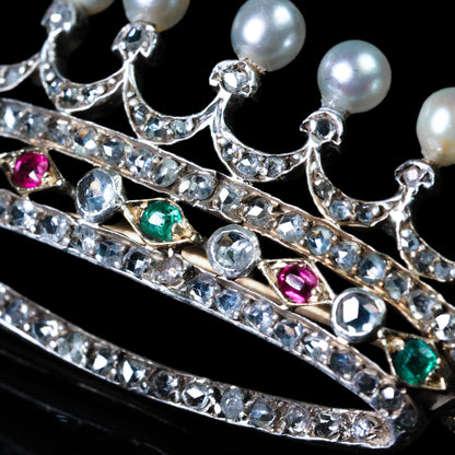 Antique French Ruby, Emerald, Diamond Pearl Crown Coronet Brooch 18K Gold c.1900