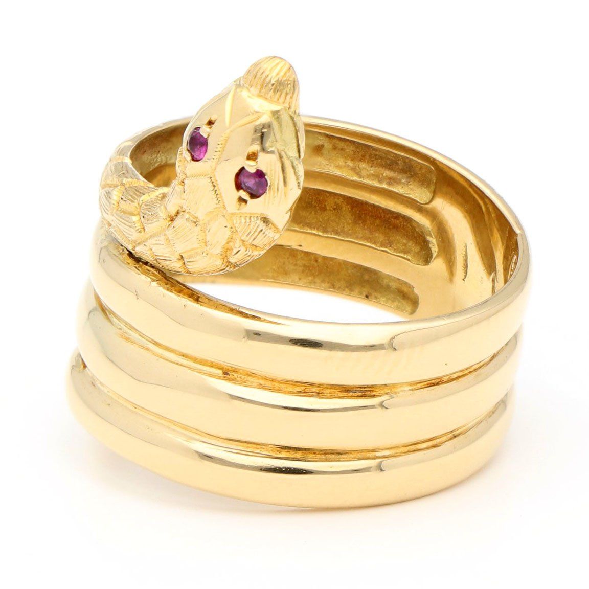 Vintage 18 Carat Yellow Gold Coiled Snake Ring with Ruby Eyes