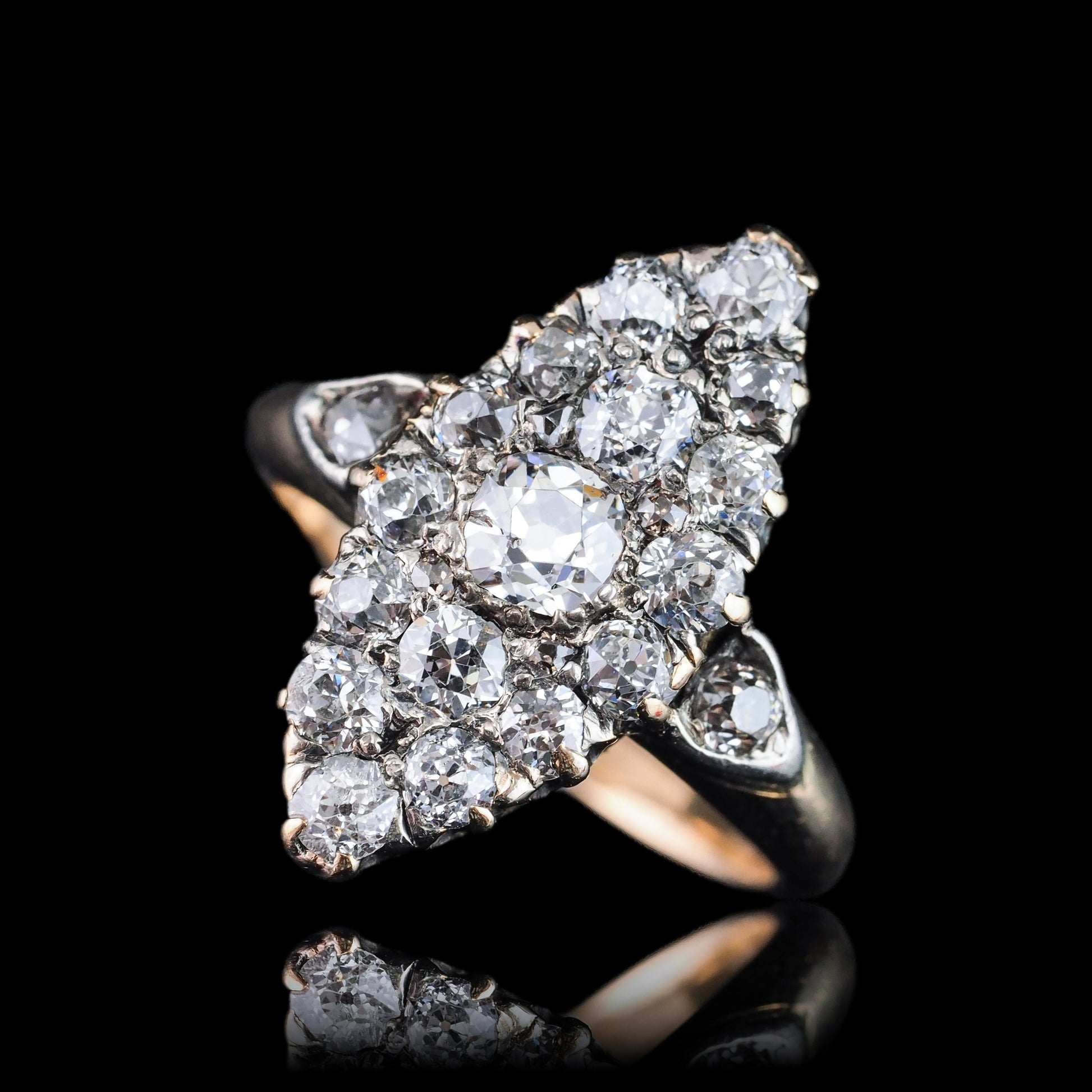 Antique Victorian Diamond Ring Navette Design Over 1 Carat Total - circa 1890