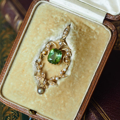 Antique Victorian Peridot Pendant Necklace, Pearls 14K Gold Original Box c.1890