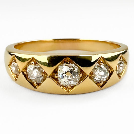 Victorian Antique Cushion Old Cut Diamond Five Stone Ring in 18ct Gold