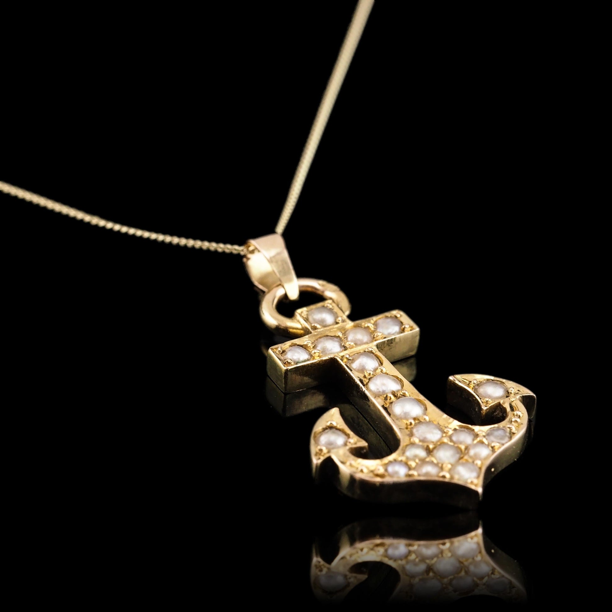 Antique Victorian Pearl Anchor Pendant Necklace 15K Gold - c.1900