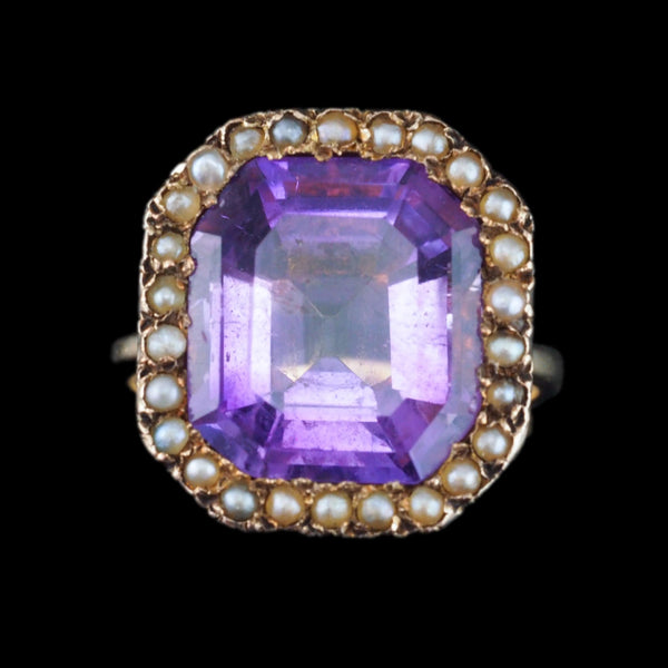 Antique Edwardian 18K Gold Amethyst & Pearl Ring Emerald Cut - c.1900