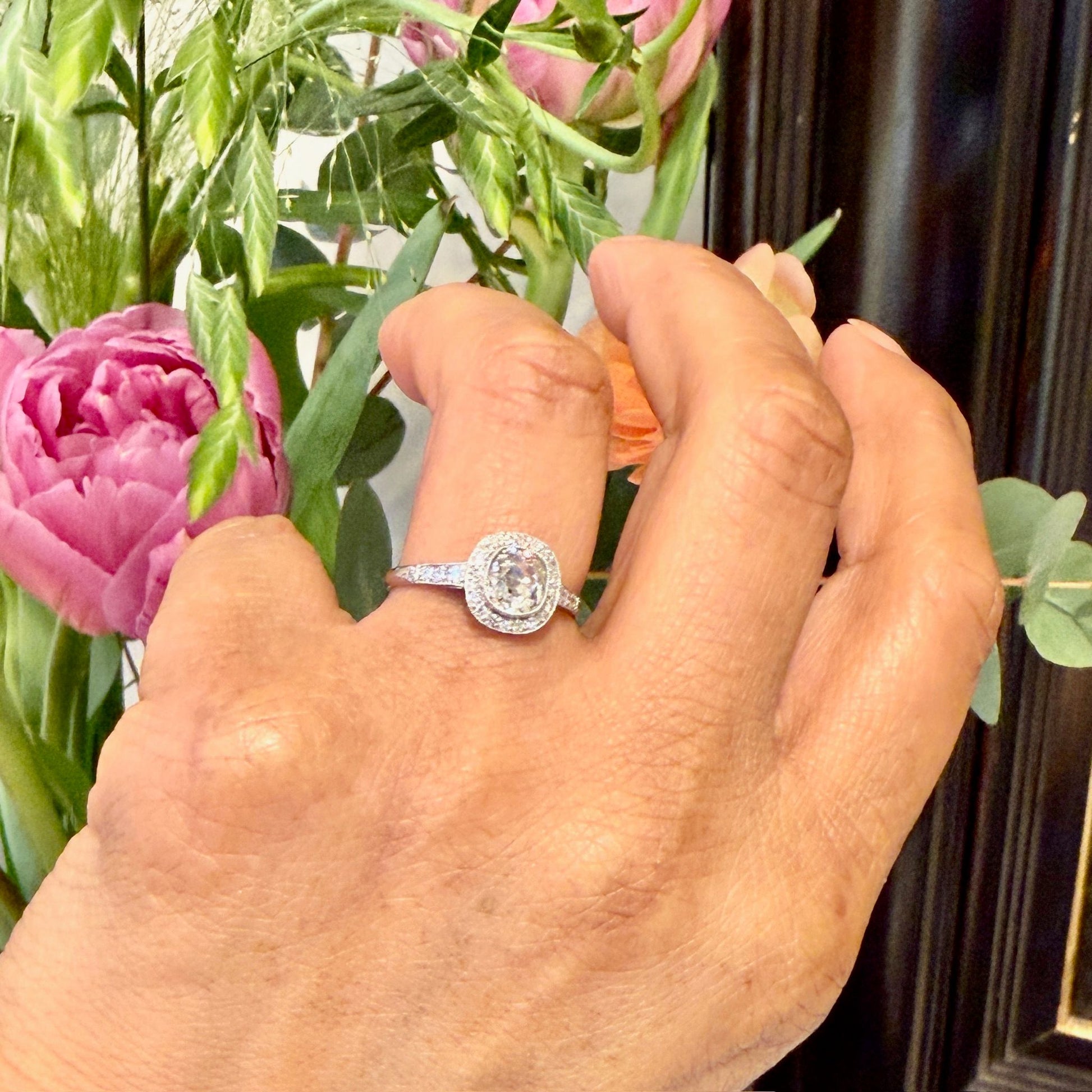Cushion-Cut Diamond and Platinum Halo Target Cluster Ring, 0.91 Carat Centre