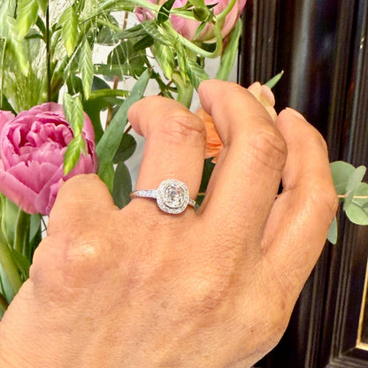 Cushion-Cut Diamond and Platinum Halo Target Cluster Ring, 0.91 Carat Centre
