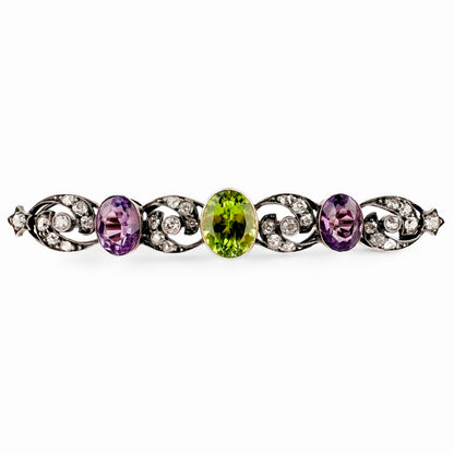 Edwardian Antique Suffragette Style Amethyst Peridot Diamond Brooch