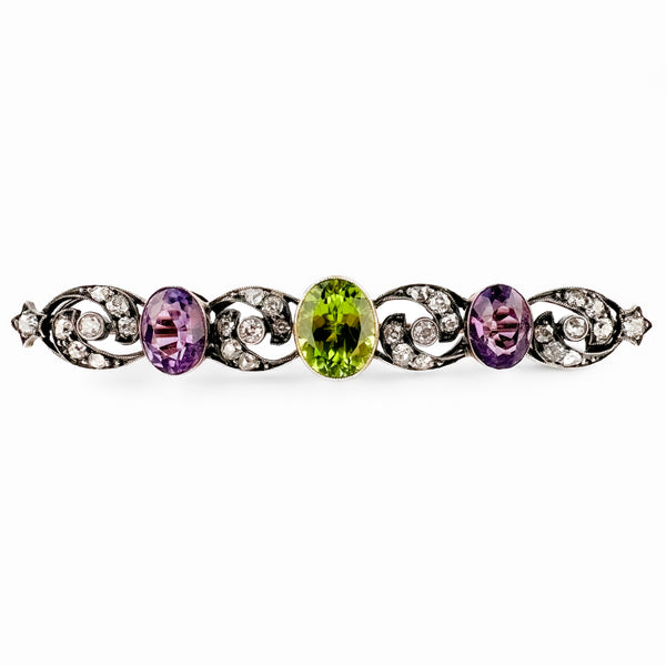 Edwardian Antique Suffragette Style Amethyst Peridot Diamond Brooch