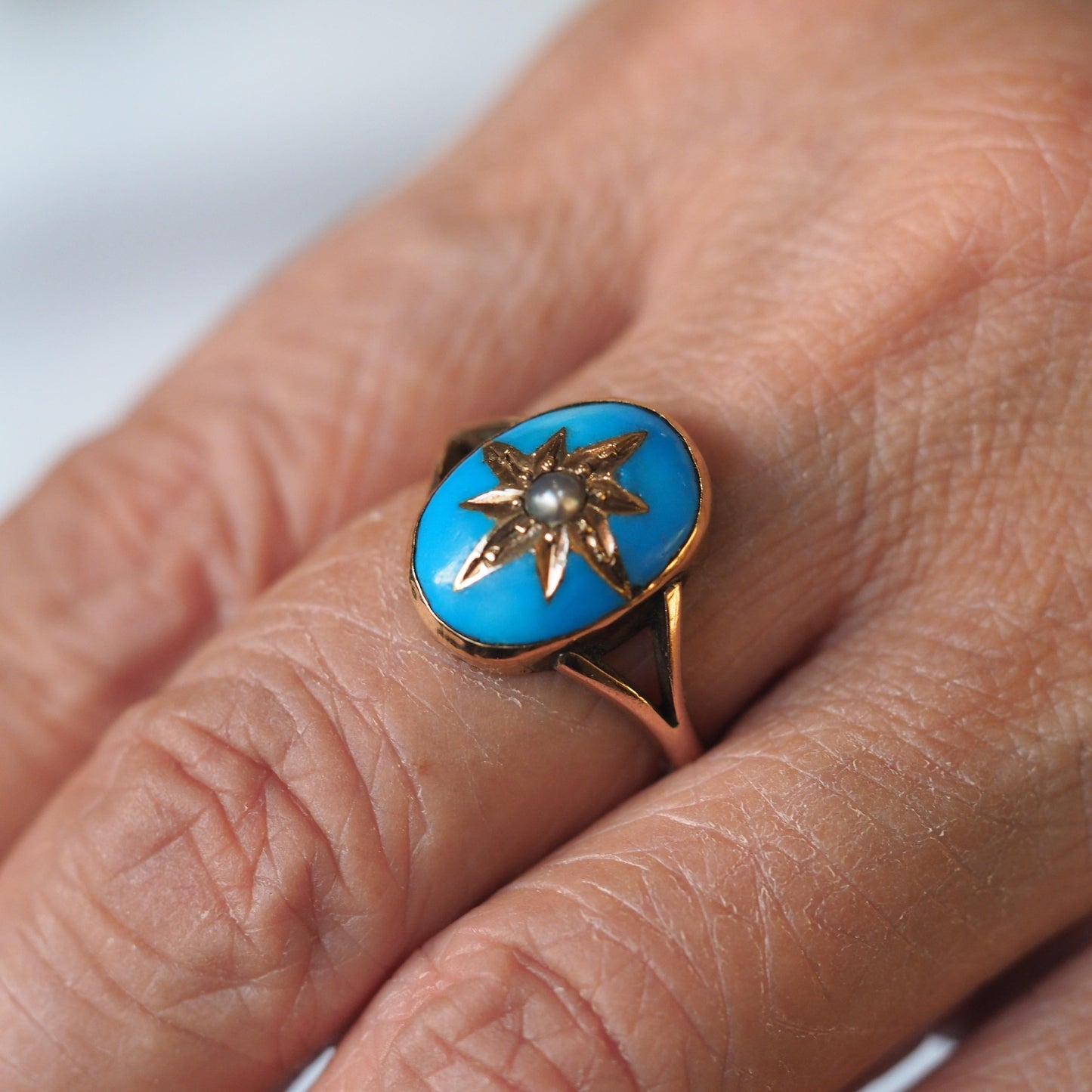 Antique Victorian Blue Enamel & Gold Star Pearl Ring 9K Gold - c.1880