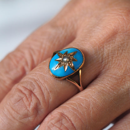 Antique Victorian Blue Enamel & Gold Star Pearl Ring 9K Gold - c.1880