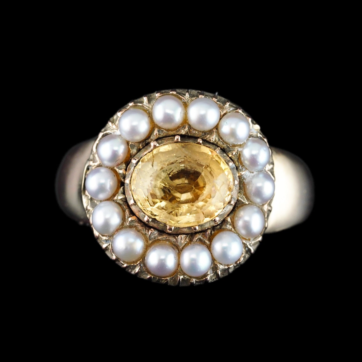 Georgian Antique Citrine and Pearl Cluster Ring