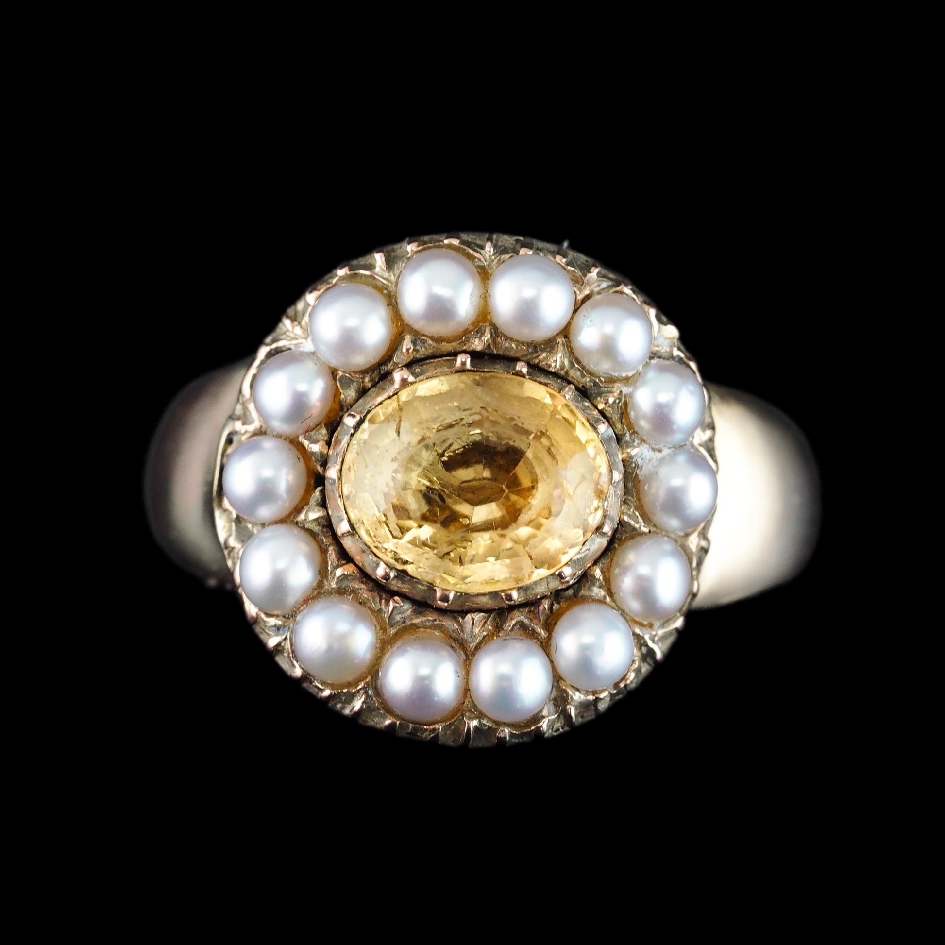 Georgian Antique Citrine and Pearl Cluster Ring