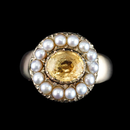 Georgian Antique Citrine and Pearl Cluster Ring