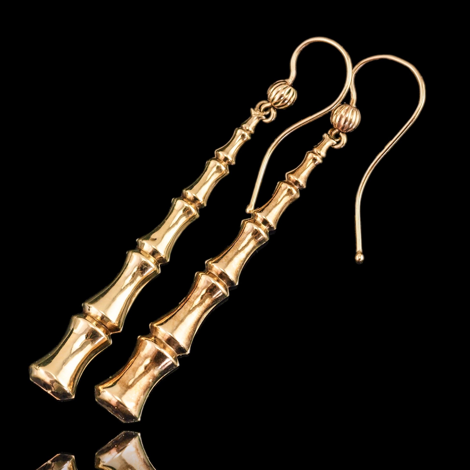 Antique 9ct Yellow Gold Bamboo Design Drop Earrings, Circa 1920s