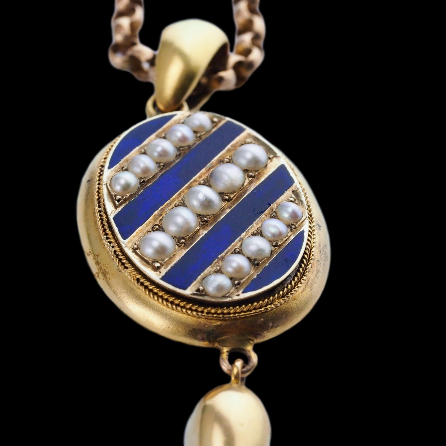 Antique Victorian 15ct Gold Blue Enamel and Pearl Pendant Locket Necklace - c.1880