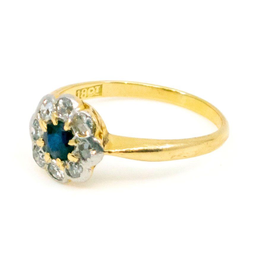 Vintage Sapphire and Old Mine Cut Diamond Cluster Engagement Ring