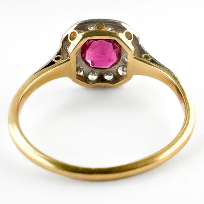Edwardian 18 Carat Gold, Platinum, Burma Ruby and Diamond Cluster Ring, 0.80 Carat