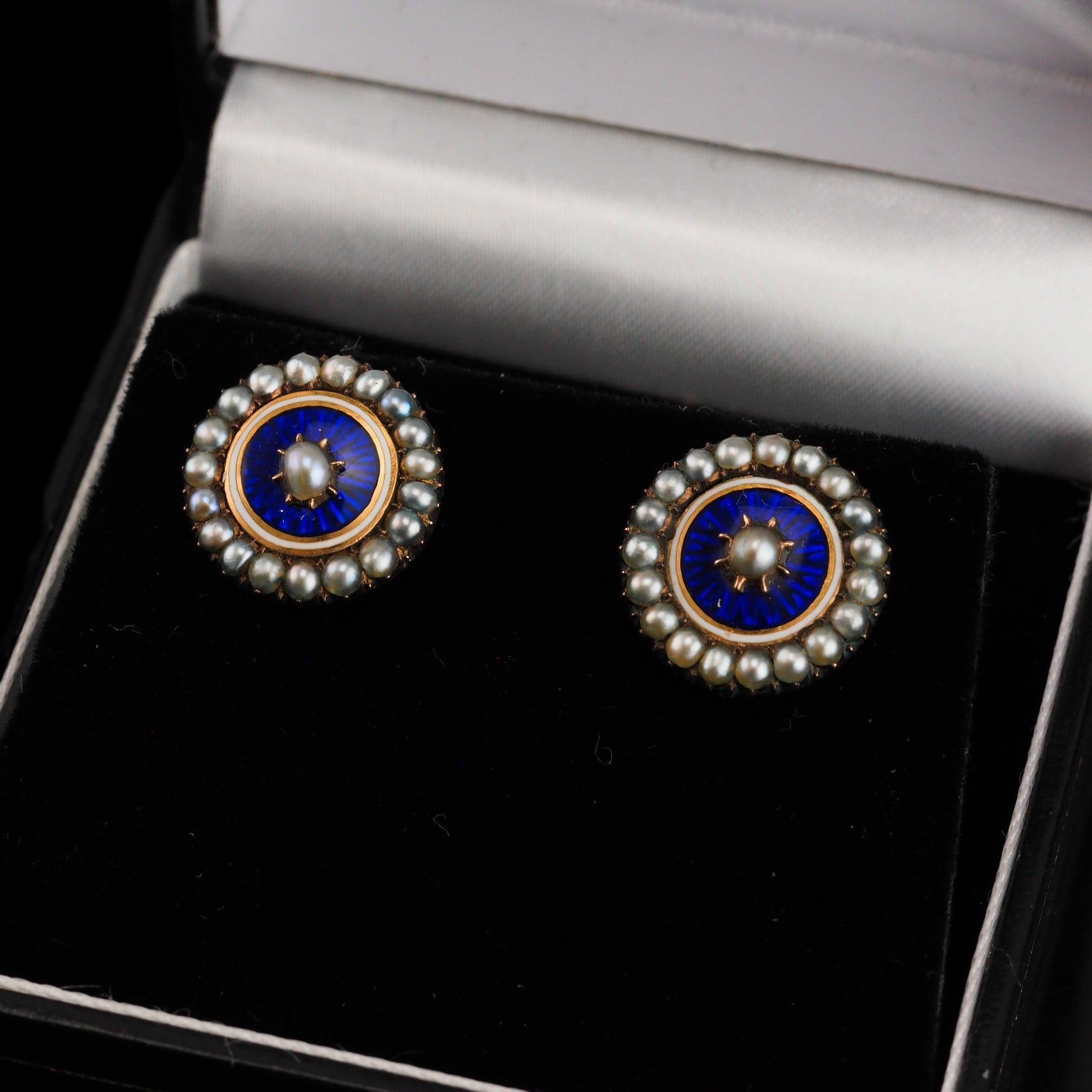Antique Georgian Gold Earrings with Blue Enamel Guilloche and Seed Pearl Cluster 'Target' Design - c.1800