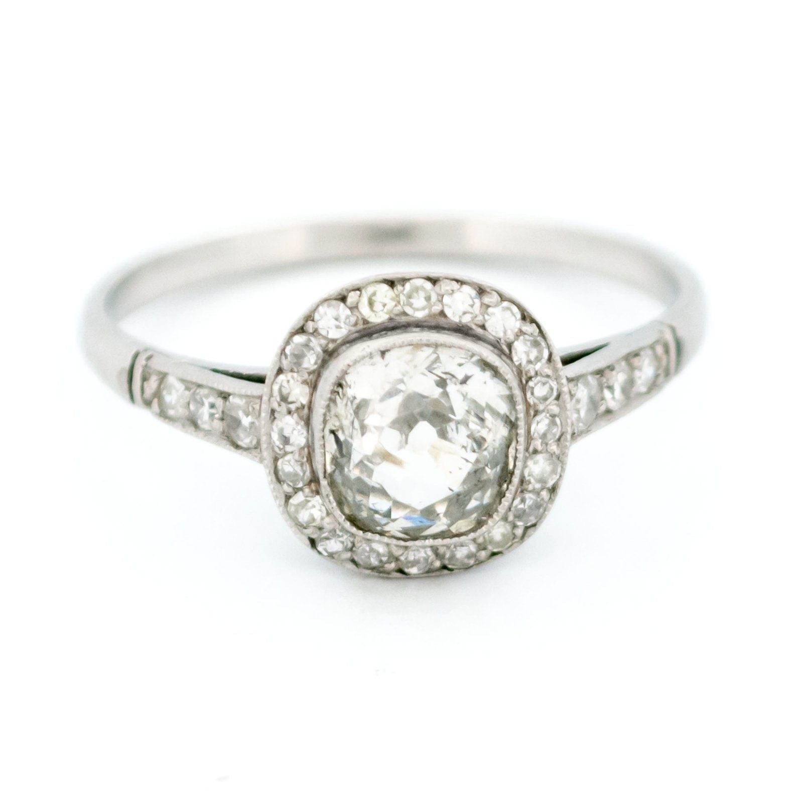 Cushion-Cut Diamond and Platinum Halo Target Cluster Ring, 0.91 Carat Centre