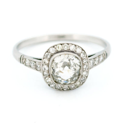 Cushion-Cut Diamond and Platinum Halo Target Cluster Ring, 0.91 Carat Centre