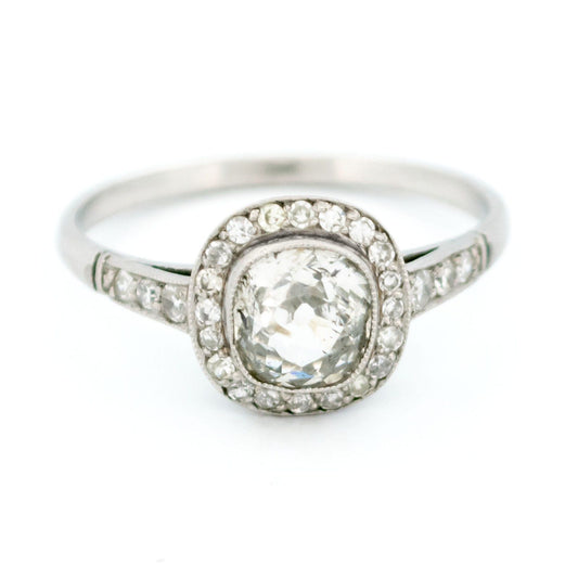 Cushion-Cut Diamond and Platinum Halo Target Cluster Ring, 0.91 Carat Centre