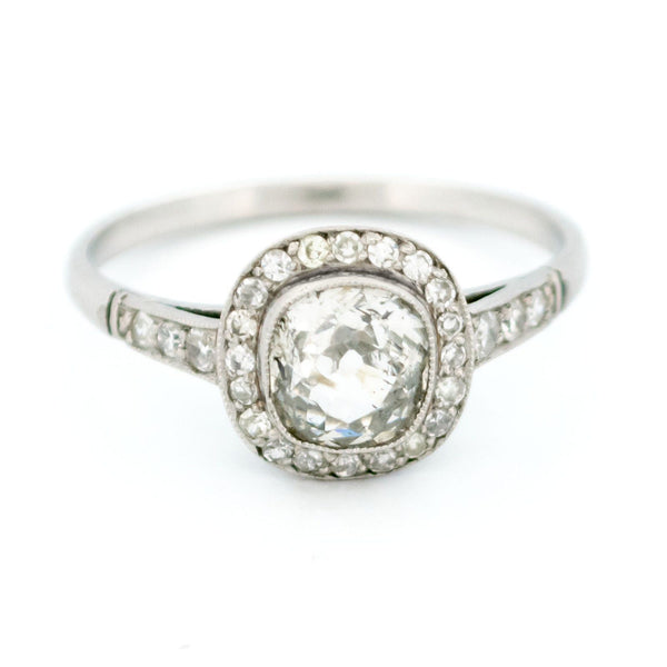 Cushion-Cut Diamond and Platinum Halo Target Cluster Ring, 0.91 Carat Centre