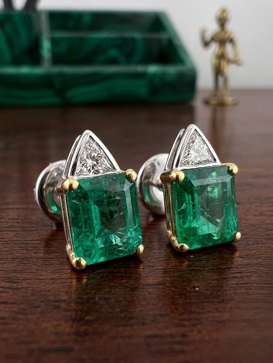 Fine 8 Carat Colombian Emerald Diamond Stud Earrings